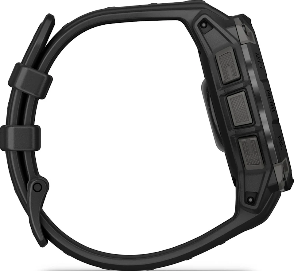 Uno smartwatch nero con tre pulsanti, che mostra il suo profilo laterale su sfondo bianco.