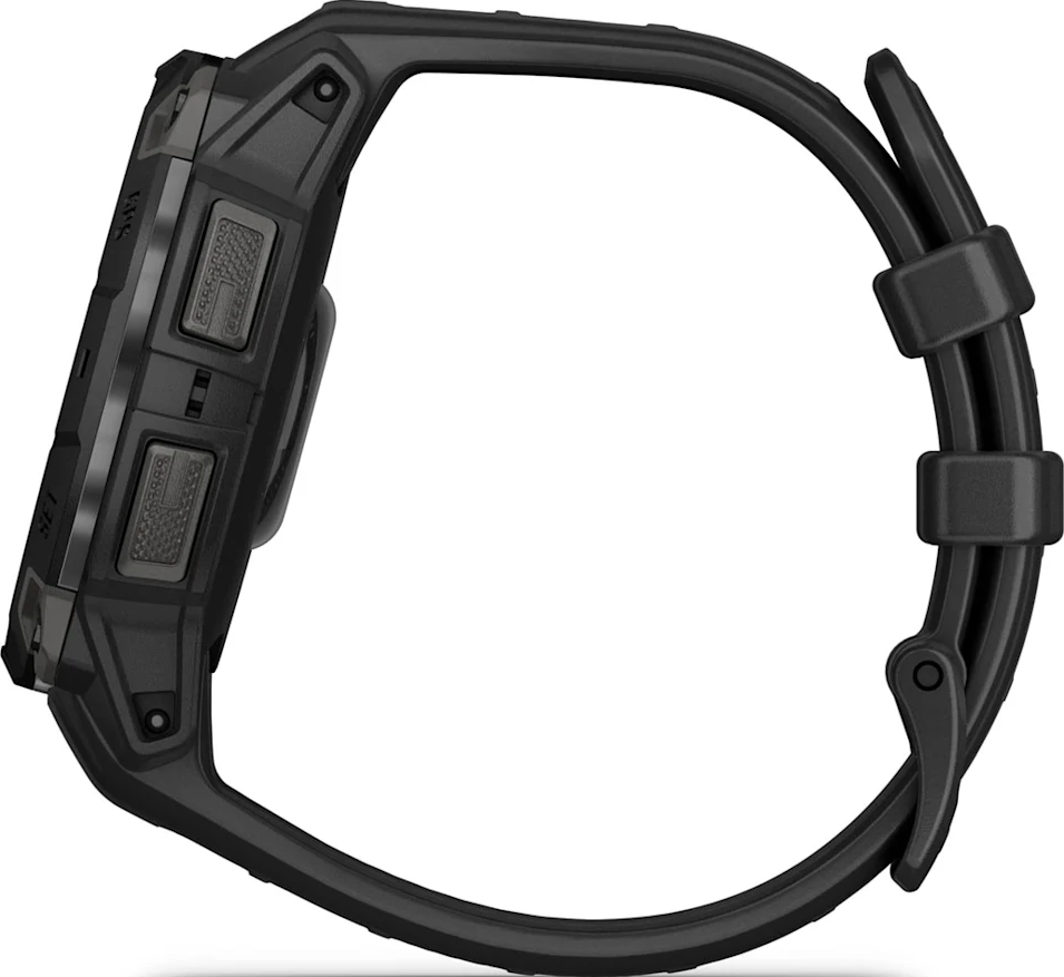 Una vista laterale di un orologio Garmin nero, con pulsanti e cinturino nero.