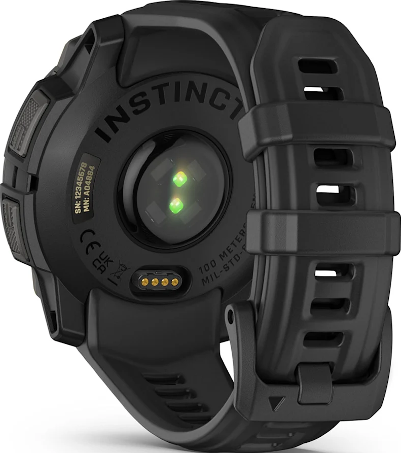 Retro dell'orologio Garmin Instinct nero, con dettagli del sensore, cinturini e quadrante, contro il bianco.