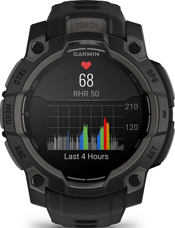 Uno smartwatch Garmin che mostra i dati sulla frequenza cardiaca e il grafico. Design nero e grigio. Sfondo bianco.
