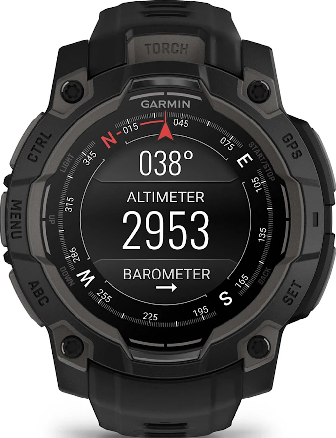 Smartwatch Garmin con display digitale che mostra le letture dell'altimetro e del barometro.