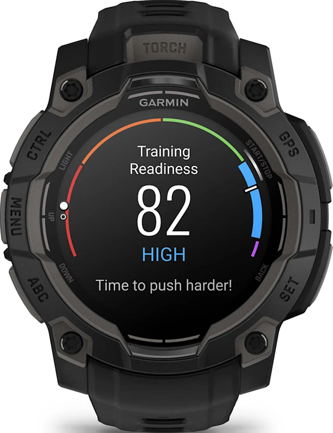 Smartwatch Garmin che mostra la preparazione all'allenamento con un punteggio elevato di 82.