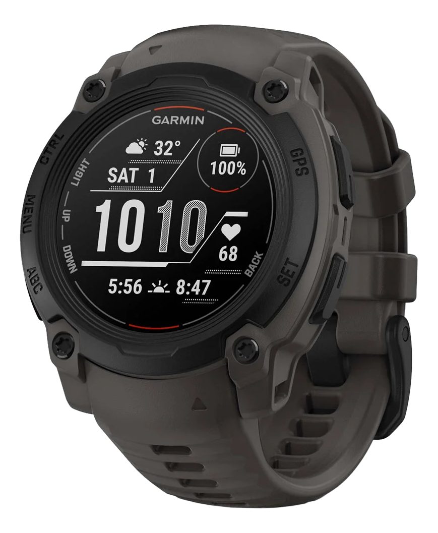 Smartwatch Garmin con display digitale che mostra ora, data e metriche di salute. Colori nero e grigio.