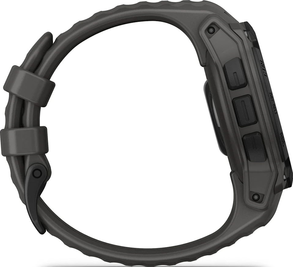 Smartwatch Garmin con cinturino grigio, vista laterale con pulsanti e quadrante.