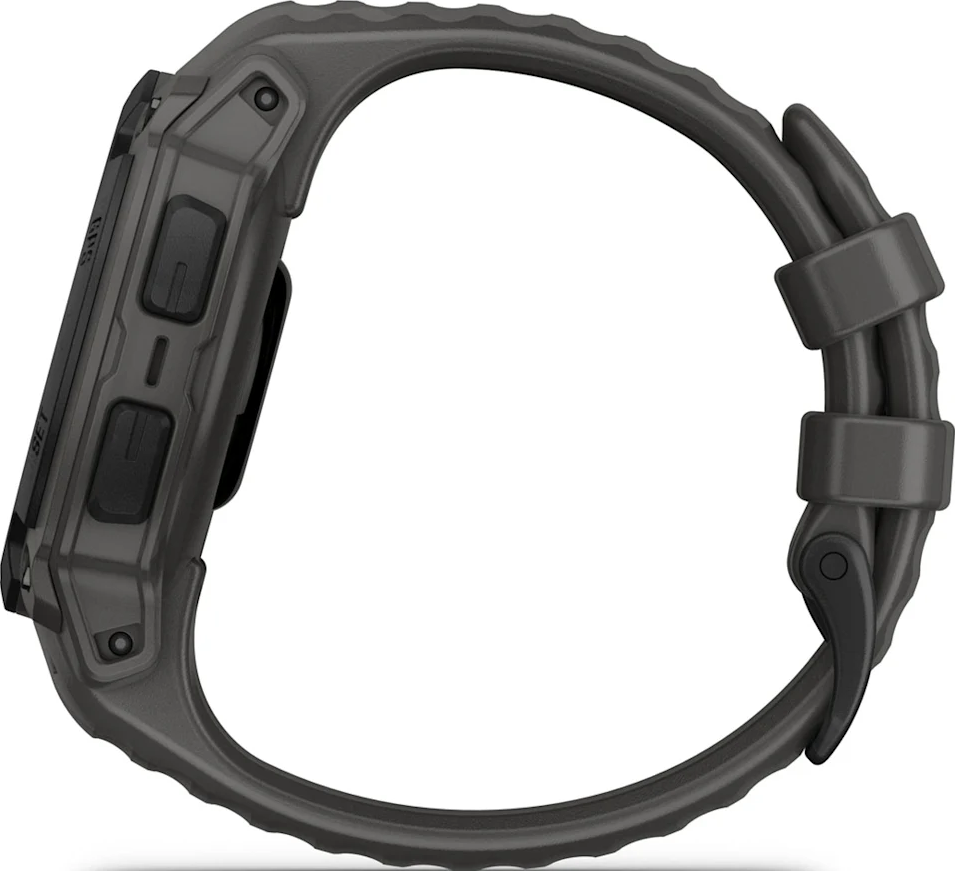 Orologio sportivo grigio di lato. L'orologio ha pulsanti e un cinturino.