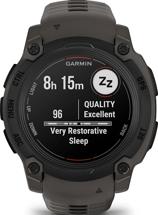 Uno smartwatch Garmin nero che mostra le metriche della qualità del sonno, con cinturino grigio scuro.