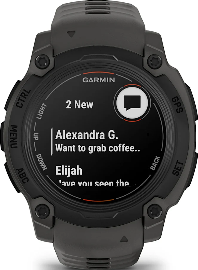 Lo smartwatch Garmin nero mostra messaggi di testo sullo schermo. Sono visibili due nuovi messaggi e una fumetto chat.