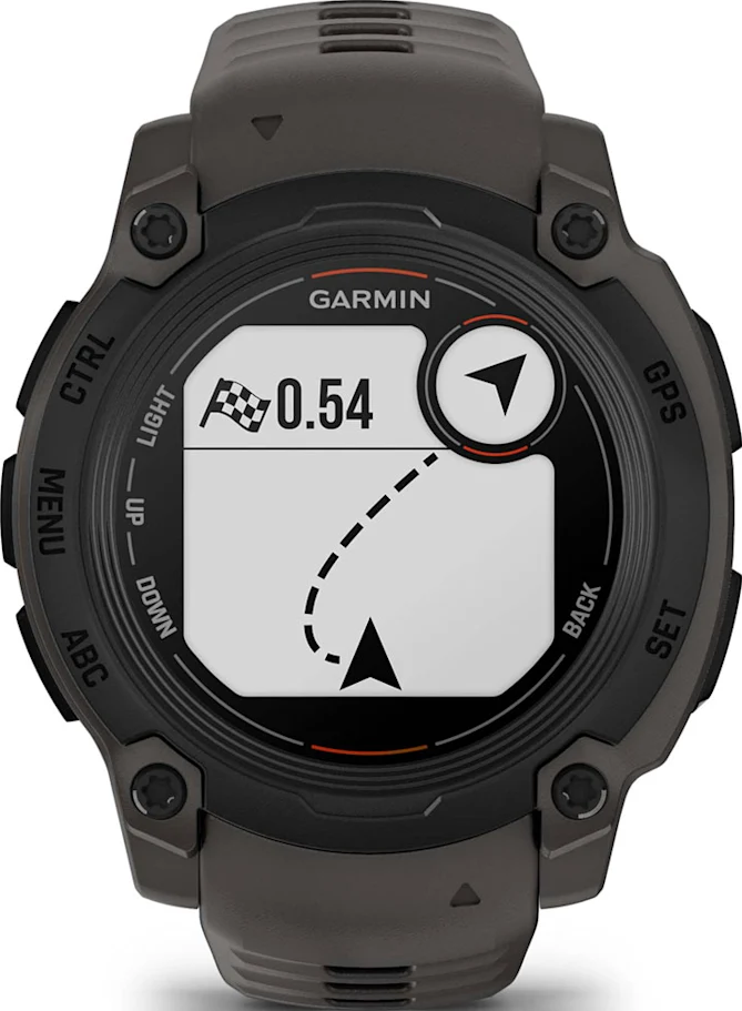 Smartwatch Garmin che mostra la mappa di navigazione con una bandiera.