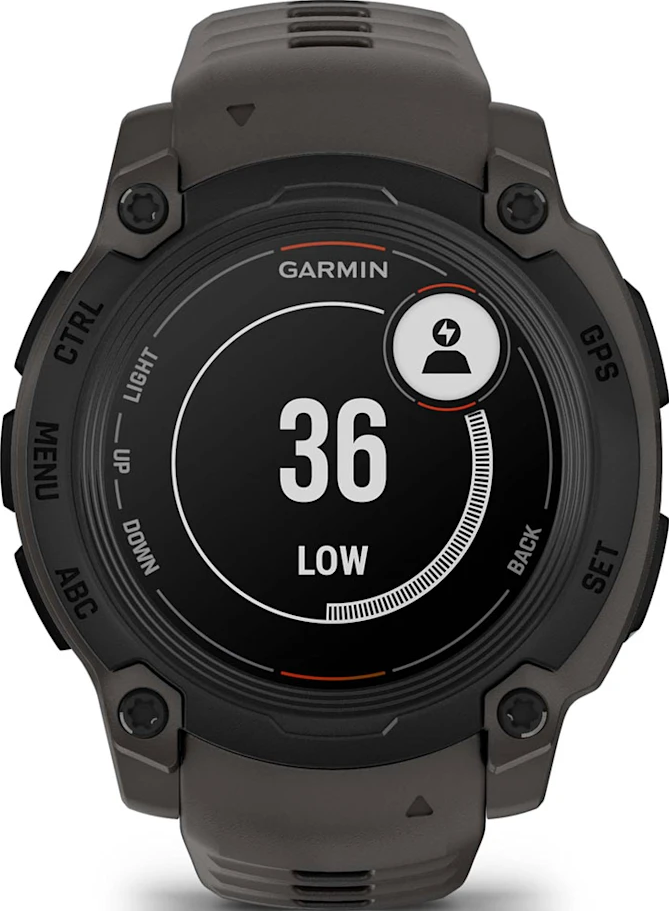 Orologio Garmin nero con display digitale. L'orologio mostra un numero e un'icona di batteria scarica.