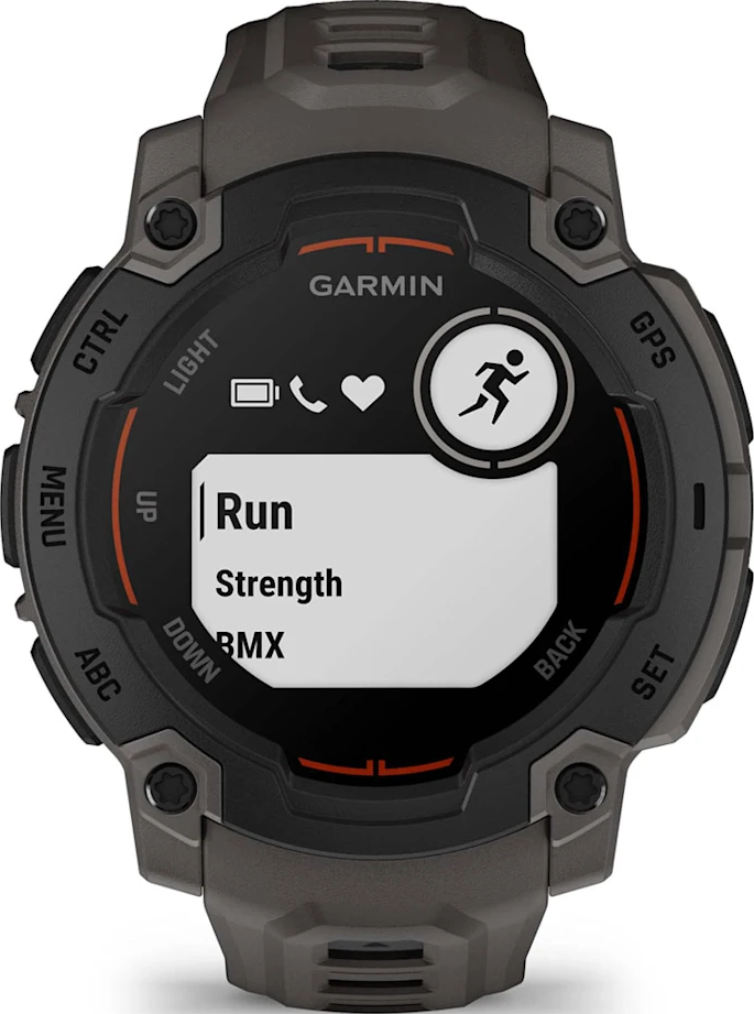 Montre Garmin noire avec options : Course, Force, BMX.