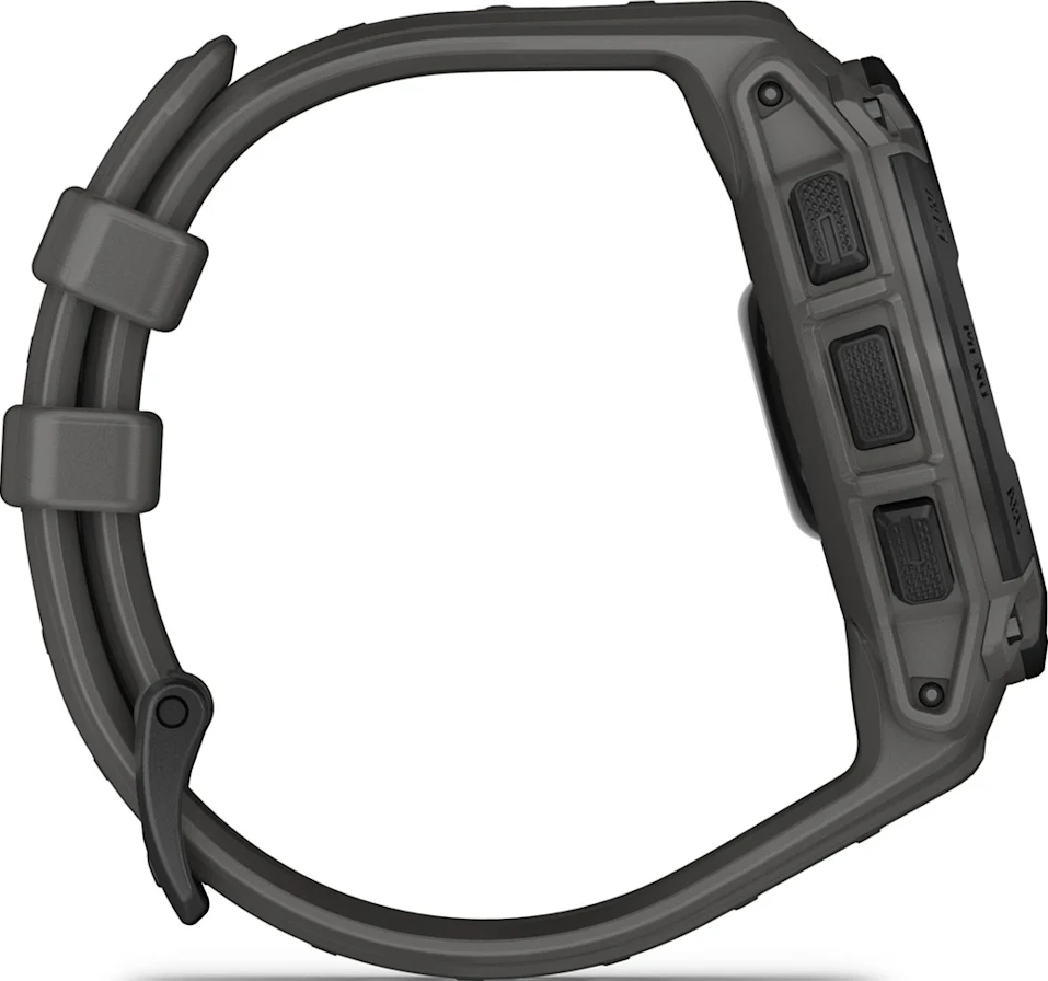 Montre connectée grise avec bracelet gris. Vue latérale montrant les boutons et l'écran.