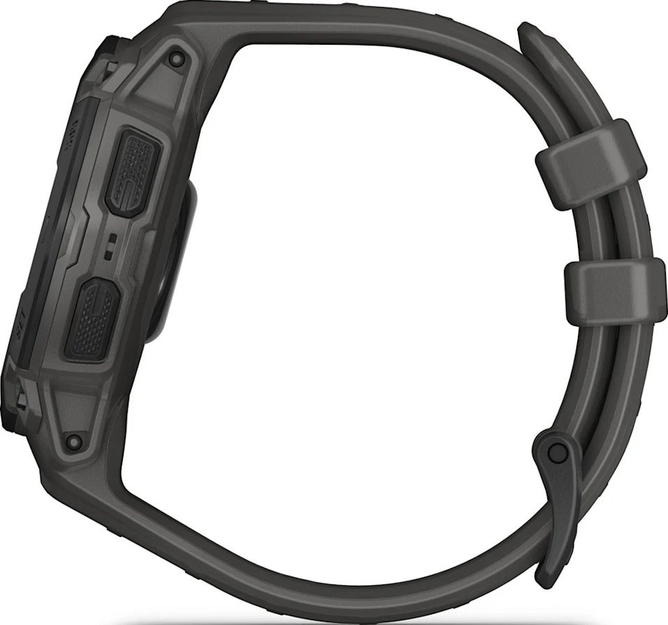 Montre Garmin grise, inclinée, avec bracelet gris.