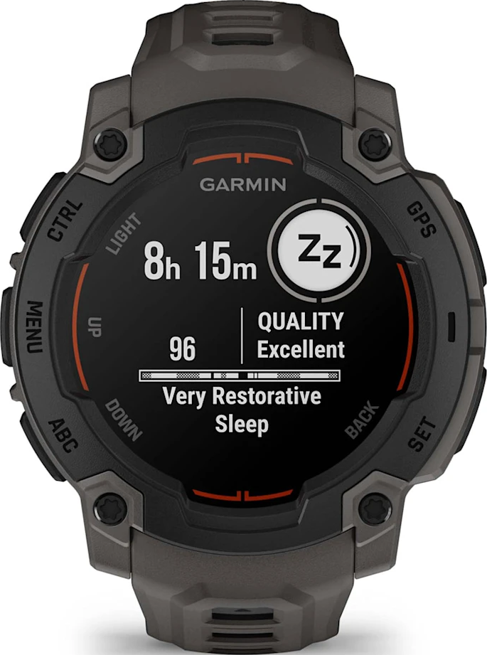 Smartwatch Garmin affichant les données de sommeil, y compris le temps et la qualité.