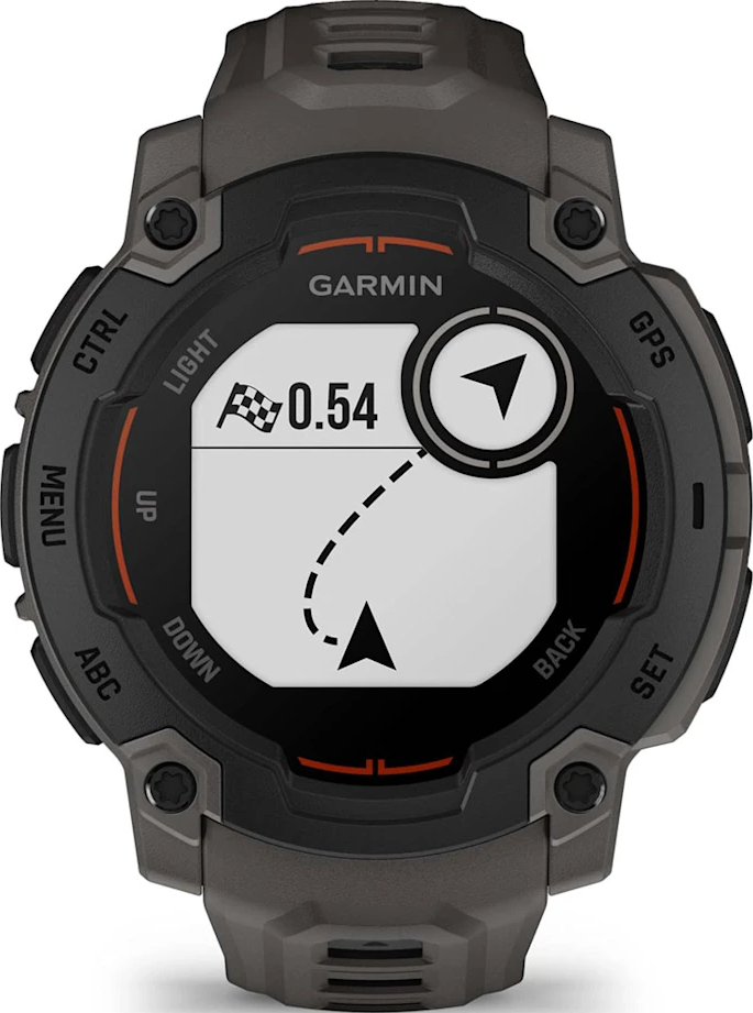 Montre Garmin gris foncé avec affichage de navigation.