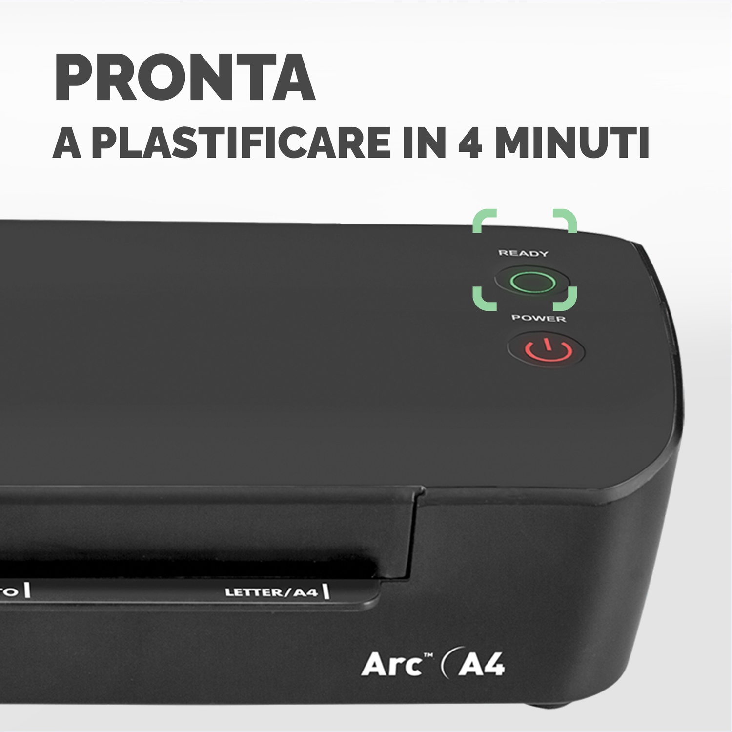 Una plastificatrice nera con indicatori di alimentazione e pronto all'uso.