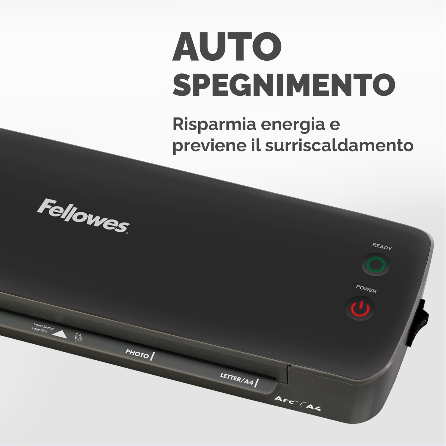 Una plastificatrice nera con spie verdi e rosse. Testo: Spegnimento automatico.