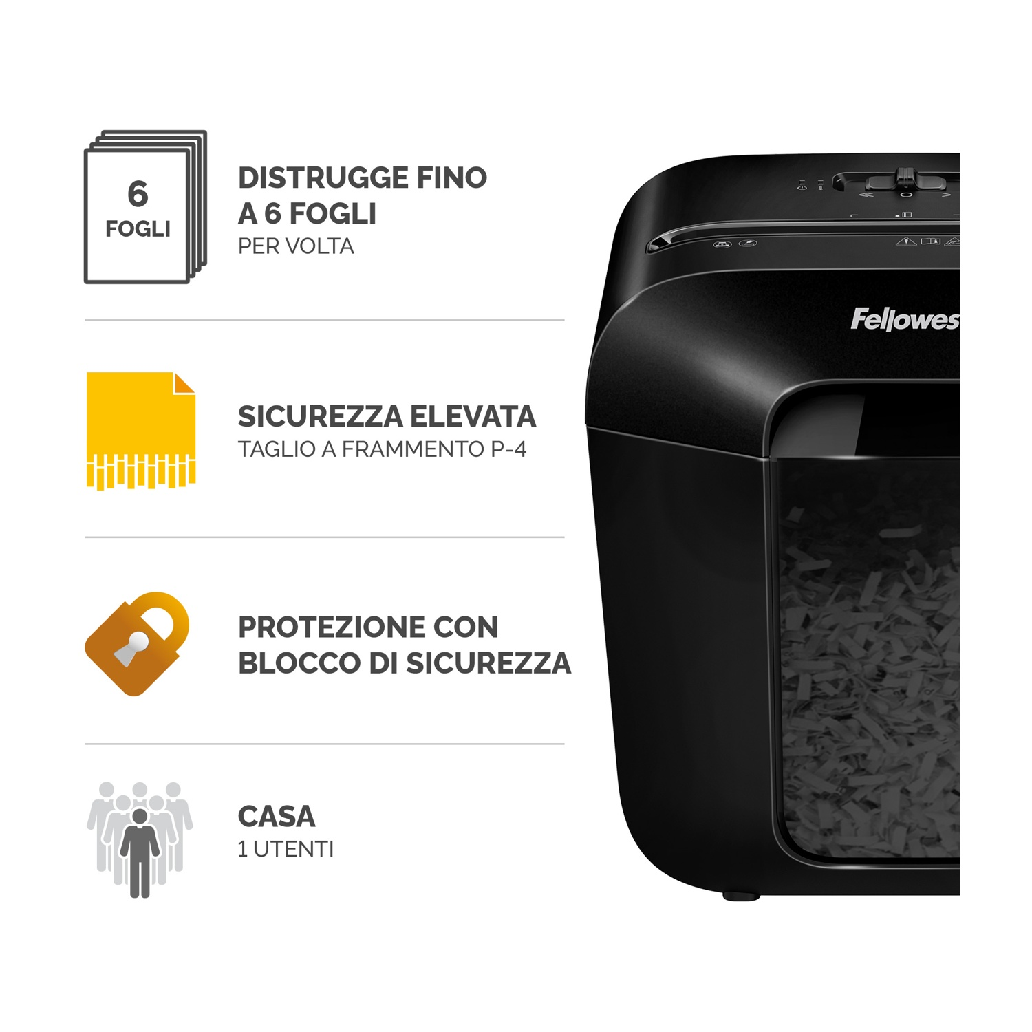 Un distruggidocumenti nero con testo e icone.
