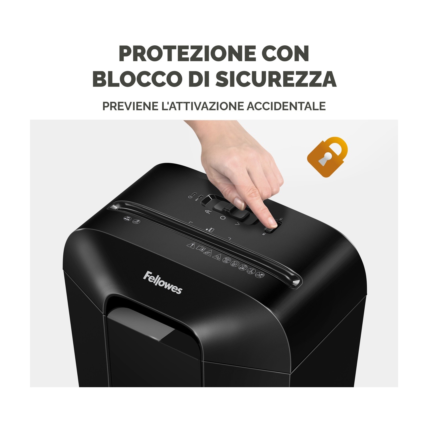 Distruggidocumenti nero. Mano preme un pulsante. Testo: 'Protezione con blocco di sicurezza'.