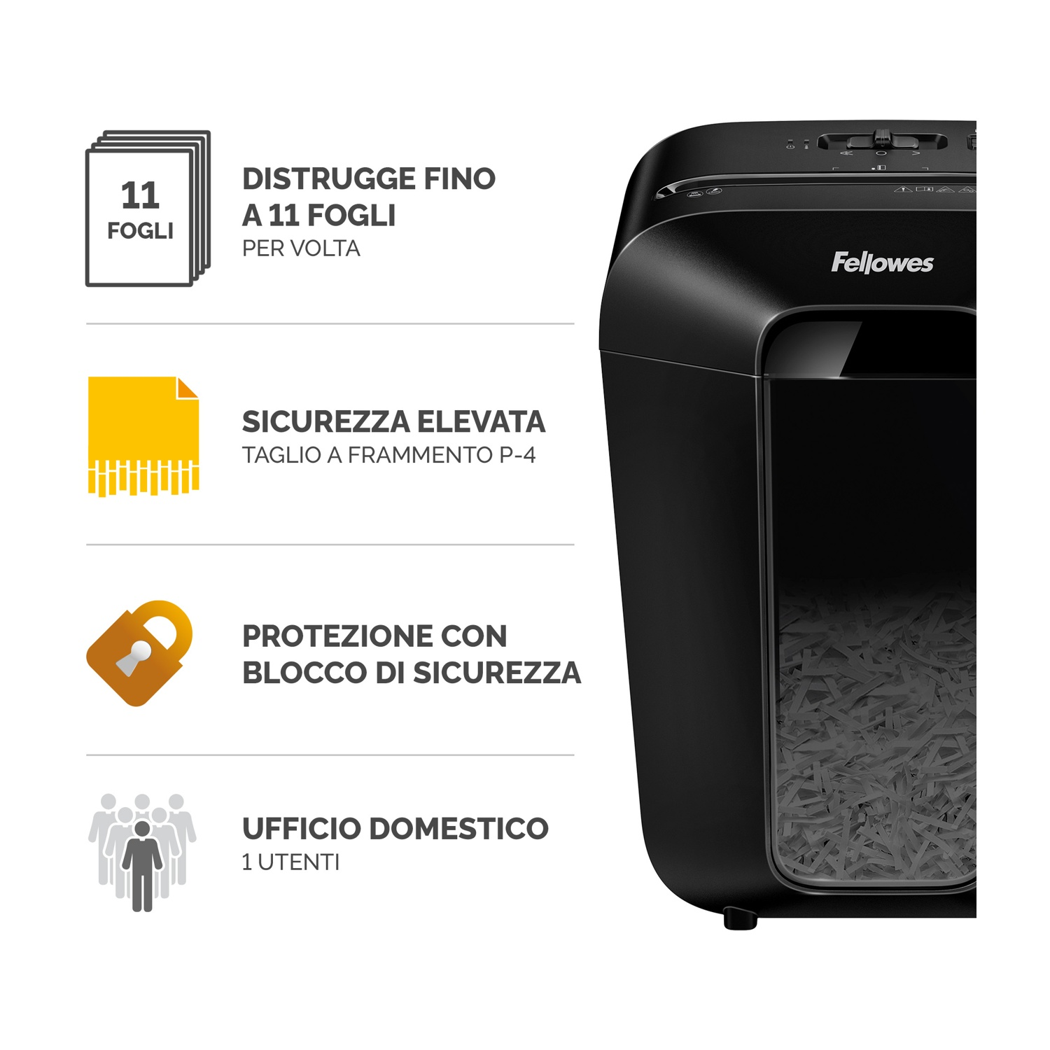 Distruggidocumenti nero con icone che indicano le funzioni. Sfondo bianco.