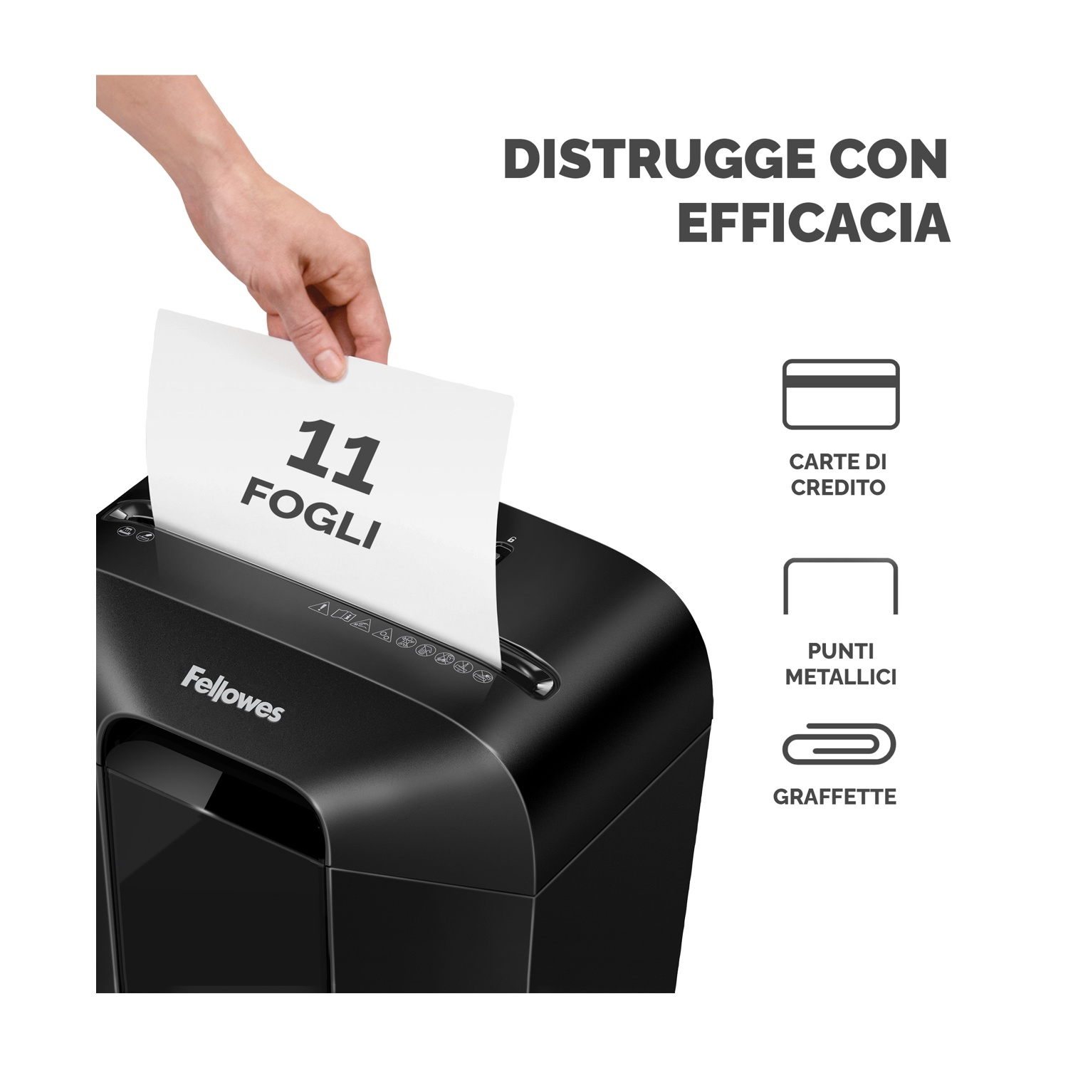 Mano inserisce carta in distruggidocumenti nero. Testo: '11 fogli'. Icone: carta, punti, graffette.