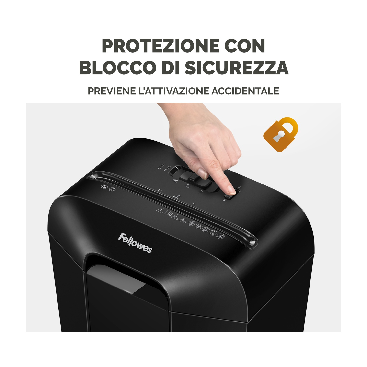 Mano che preme un pulsante su distruggidocumenti nero, icona lucchetto.