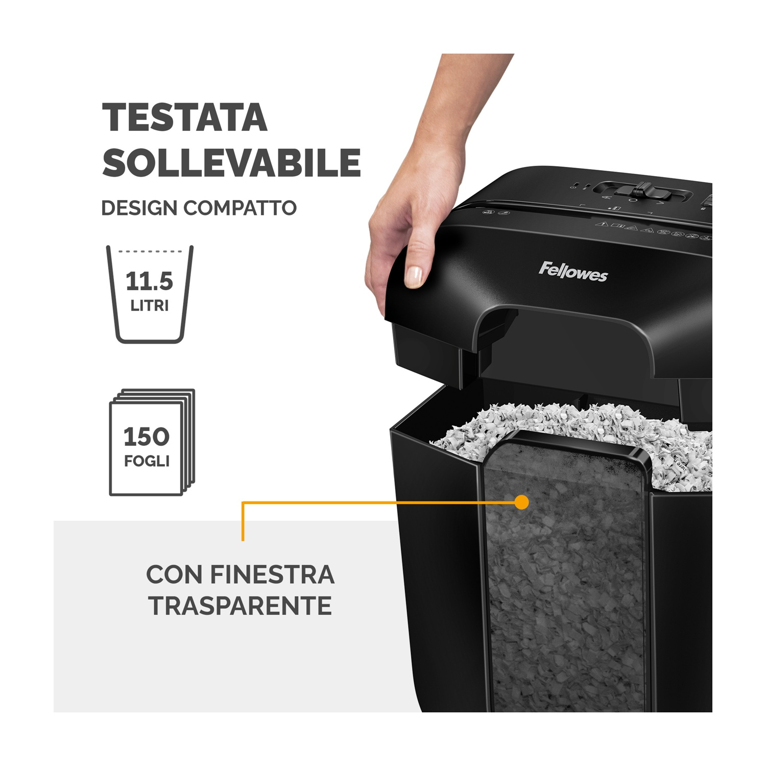 Distruggidocumenti nero con bidone aperto con carta sminuzzata. Testo: 11,5 litri e 150 fogli.