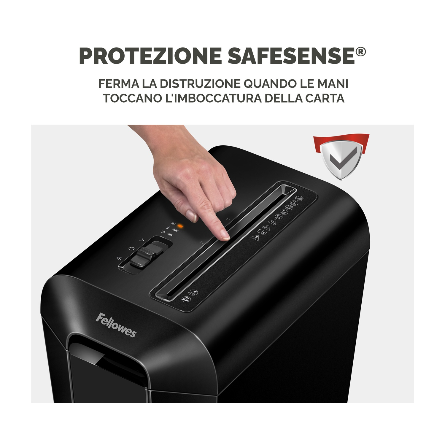 Un tritacarte nero con una mano che lo indica. Il tritacarte dice Protect e Safesense.