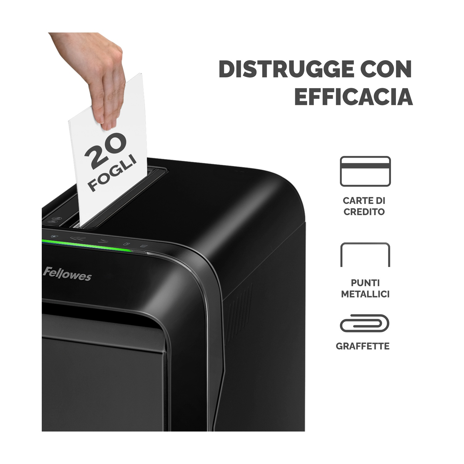 Persona che inserisce 20 fogli di carta in un tritacarta nero.