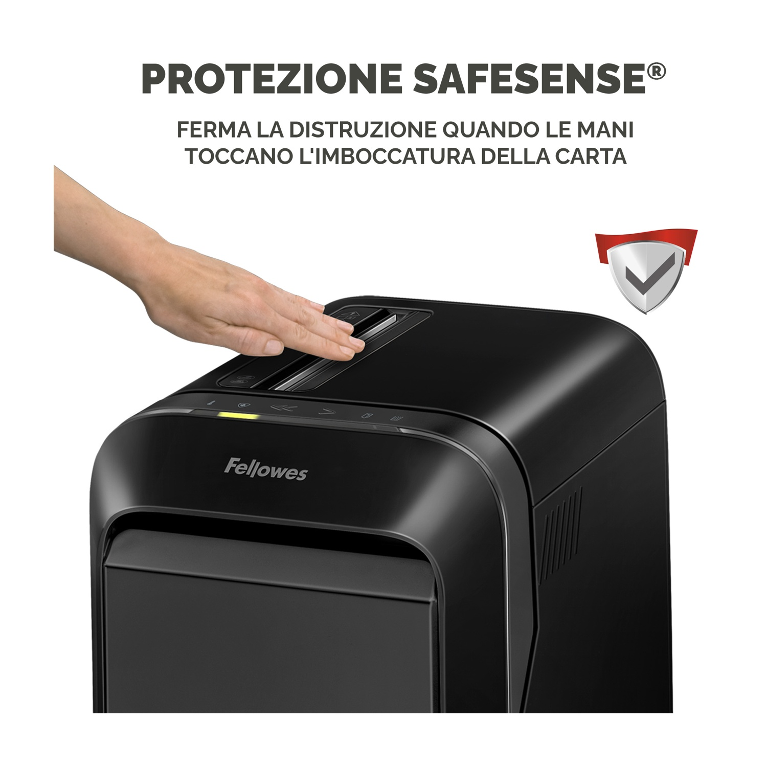 Distruggidocumenti nero con una mano che tocca l'ingresso carta. Sicurezza.