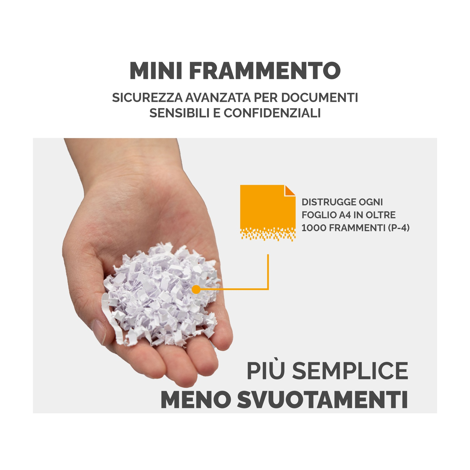 Mano che tiene carta tritata. Il testo dice 'MINI FRAMMENTO' e 'PIÙ SEMPLICE, MENO SVUOTAMENTI'.