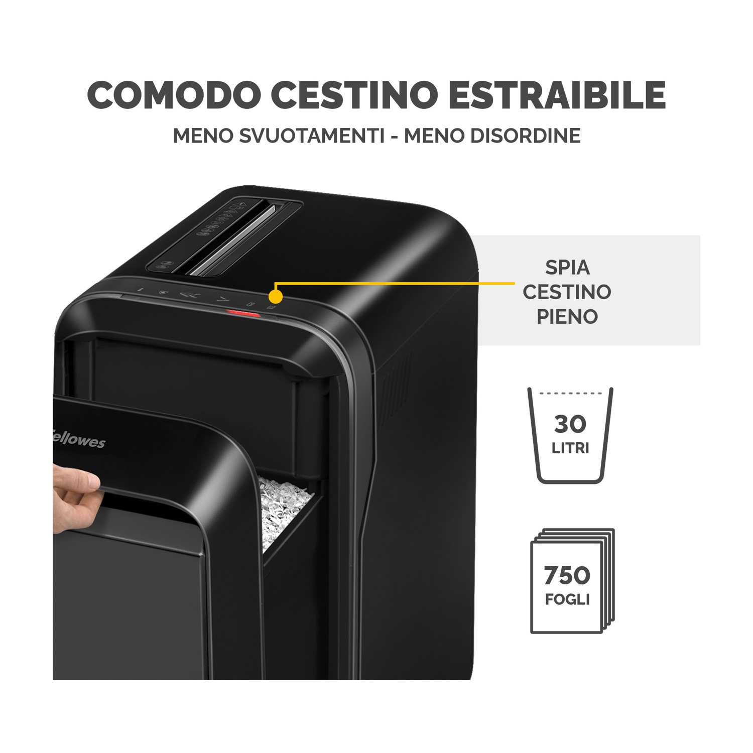 Distruggidocumenti nero con testo e icone. Il testo recita 'COMODO CESTINO ESTRAIBILE'.