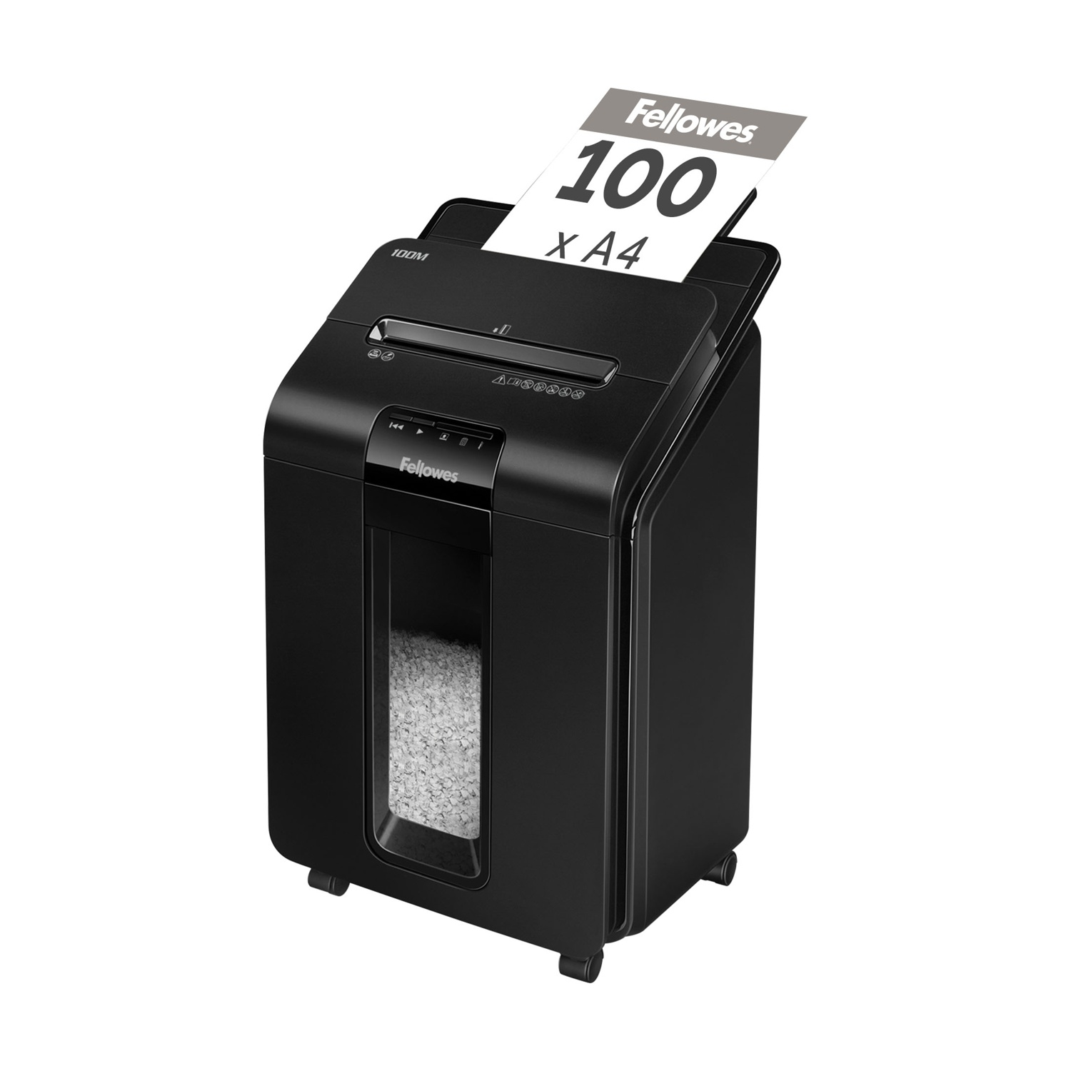 Distruggidocumenti nero con carta bianca inserita. Ha il logo Fellowes e una finestra trasparente.