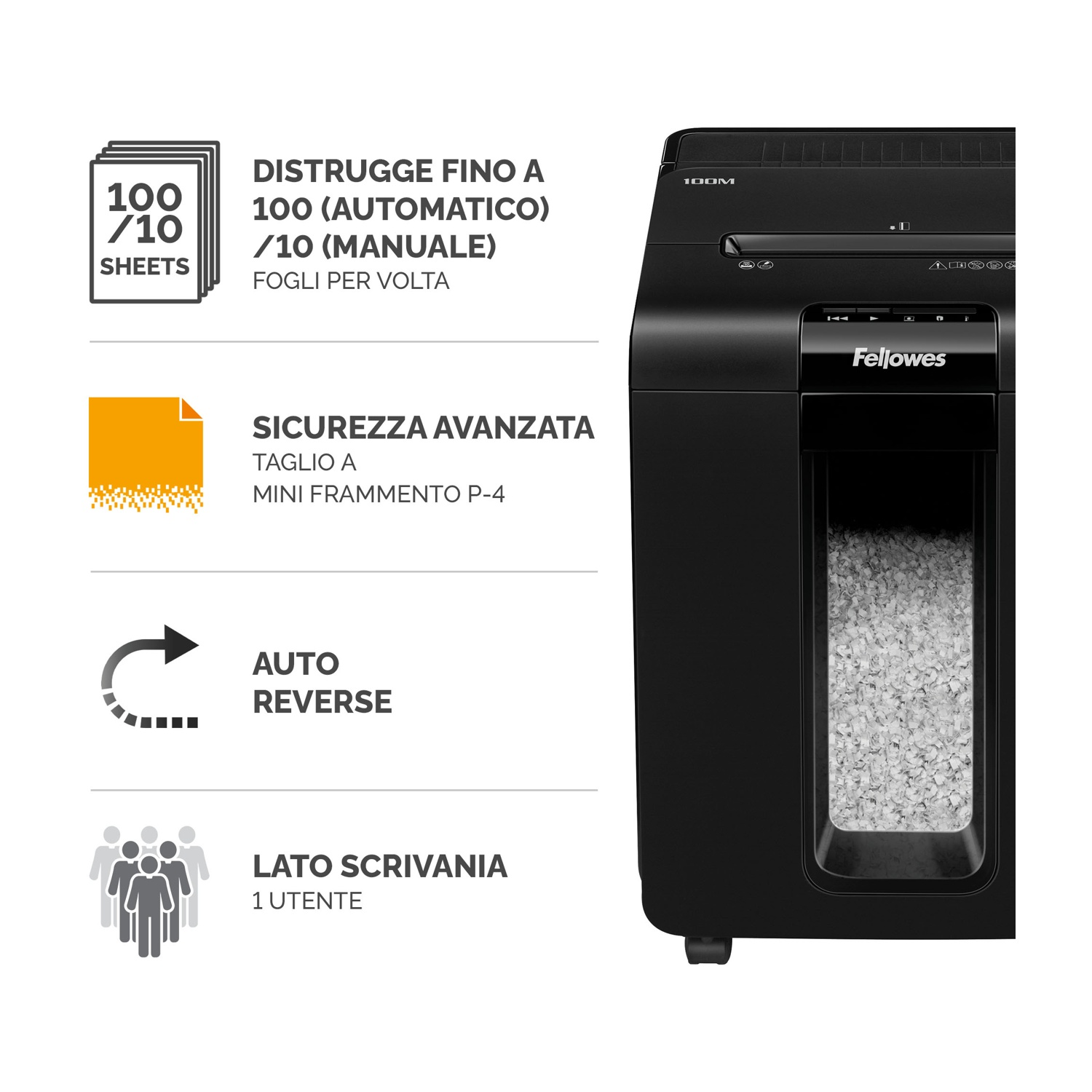 Distruggidocumenti nero con specifiche. Distrugge 100 fogli. Funzione auto-reverse e sicurezza avanzata.
