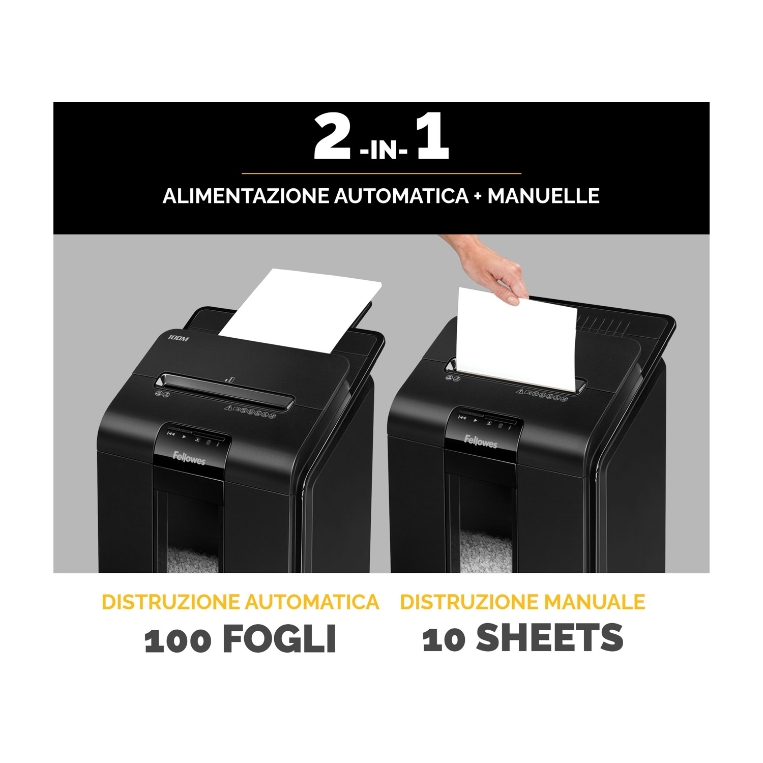 Due distruggidocumenti neri con testo: '2-IN-1'.