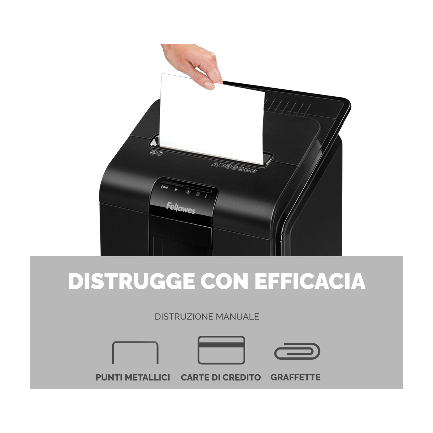 Una persona che inserisce carta in un tritacarta nero. Il testo indica che distrugge punti metallici e carte di credito.