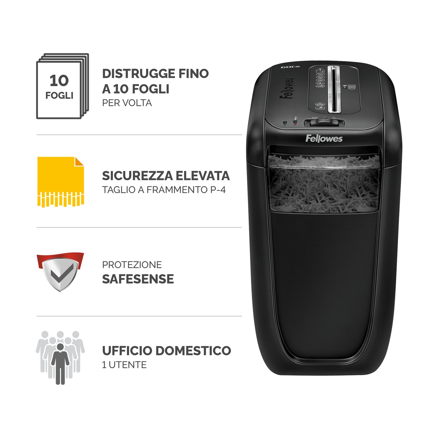 Distruggidocumenti nero con etichette di testo: 10 fogli, sicurezza.