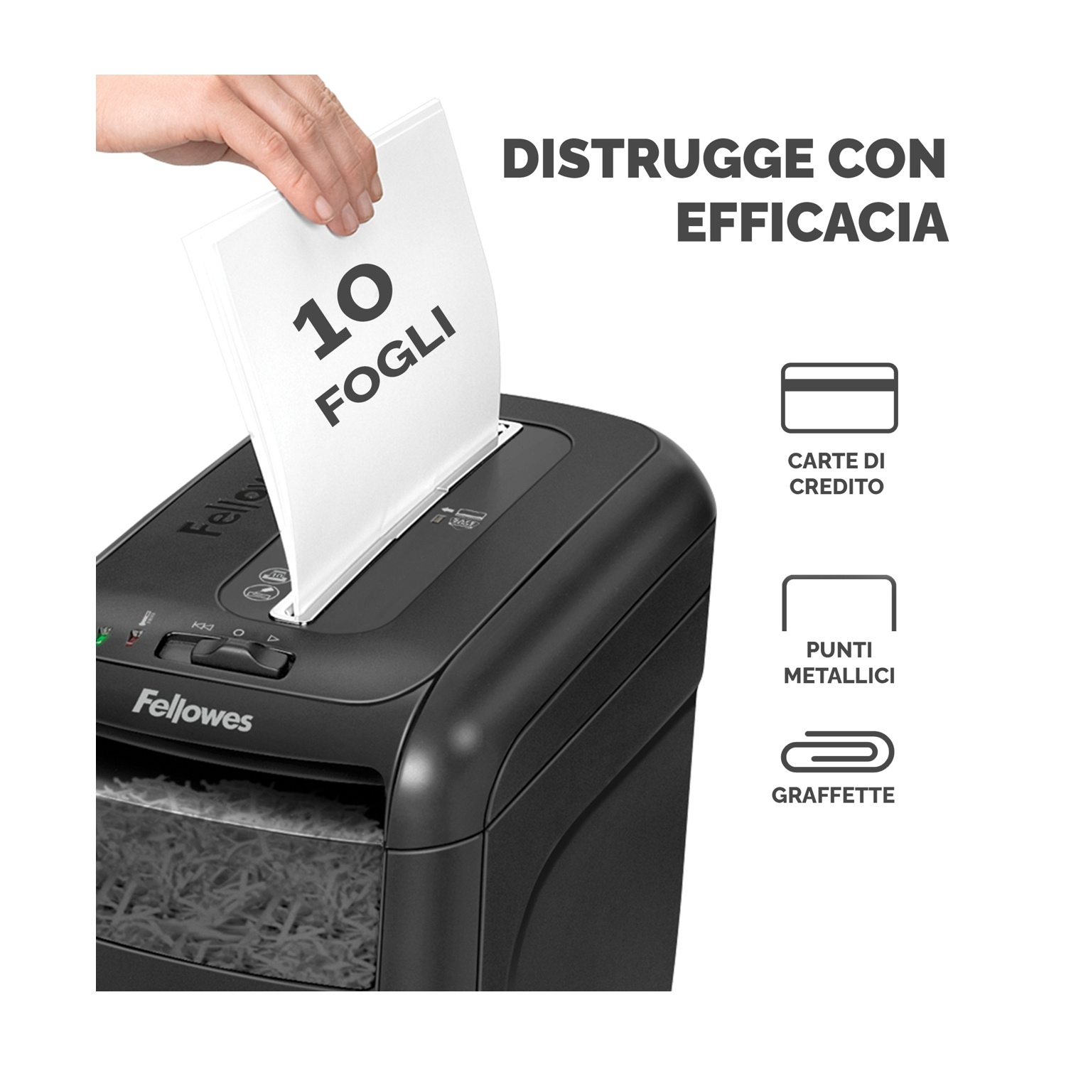 Un tritacarte nero che distrugge la carta. Il testo sulla carta è 10 fogli. Il testo dice distrugge in modo efficiente.