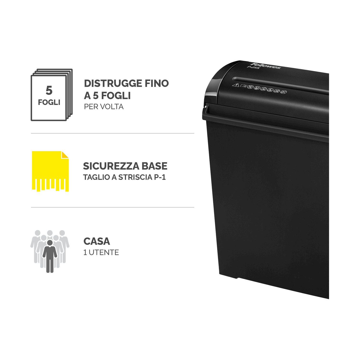 Un distruggidocumenti nero con testo che indica che distrugge 5 fogli alla volta.