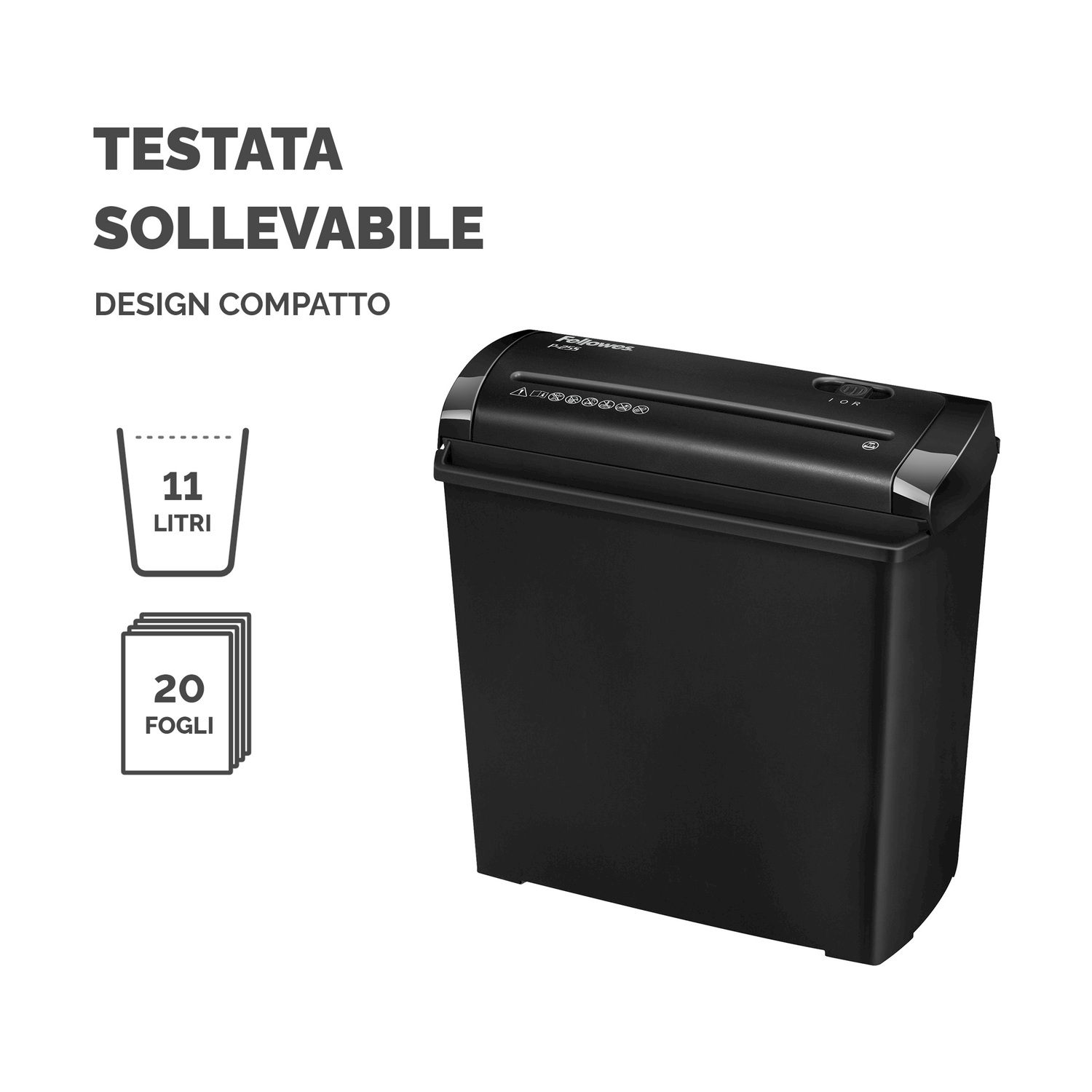 Un distruggidocumenti Fellowes nero con testo che indica la capacità: 11 litri e 20 fogli. Il design è compatto.