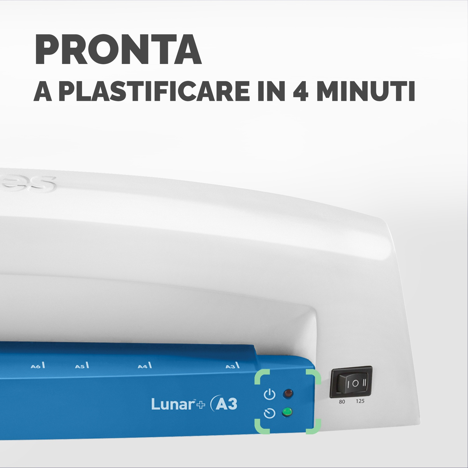 Una plastificatrice bianca e blu, con il testo: Pronta a plastificare in 4 minuti.