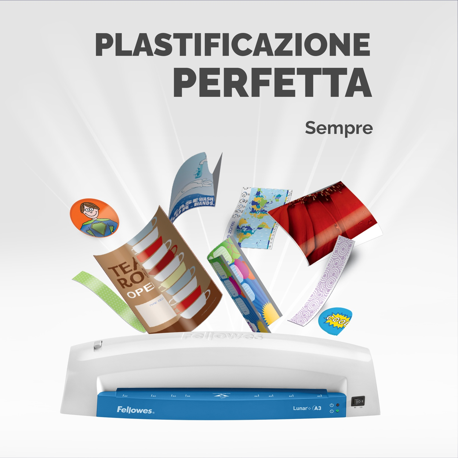 Una plastificatrice con fogli e immagini che escono. Il testo in alto dice 'Plastificazione Perfetta'.