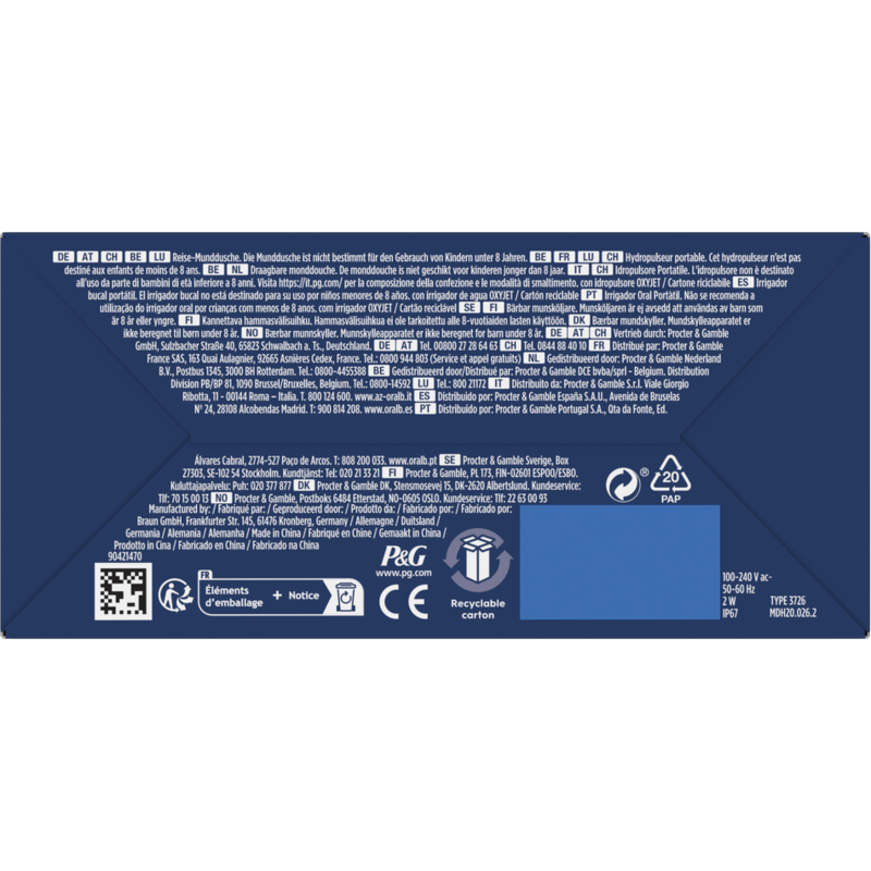 Embalaje con texto en varios idiomas, blanco y azul con información del producto.