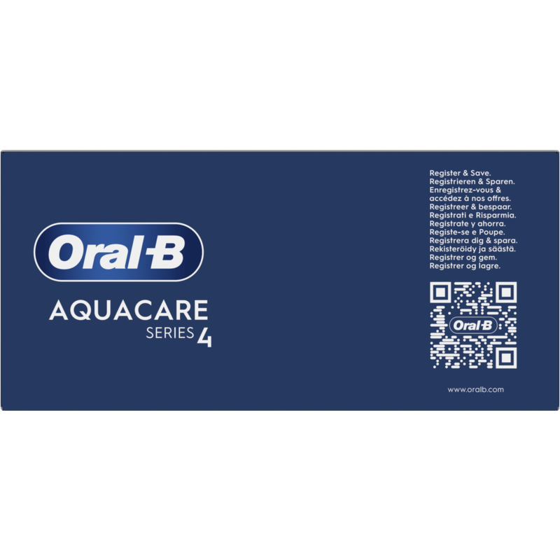 Embalaje del producto Oral-B Aquacare Series 4 con texto y código QR.