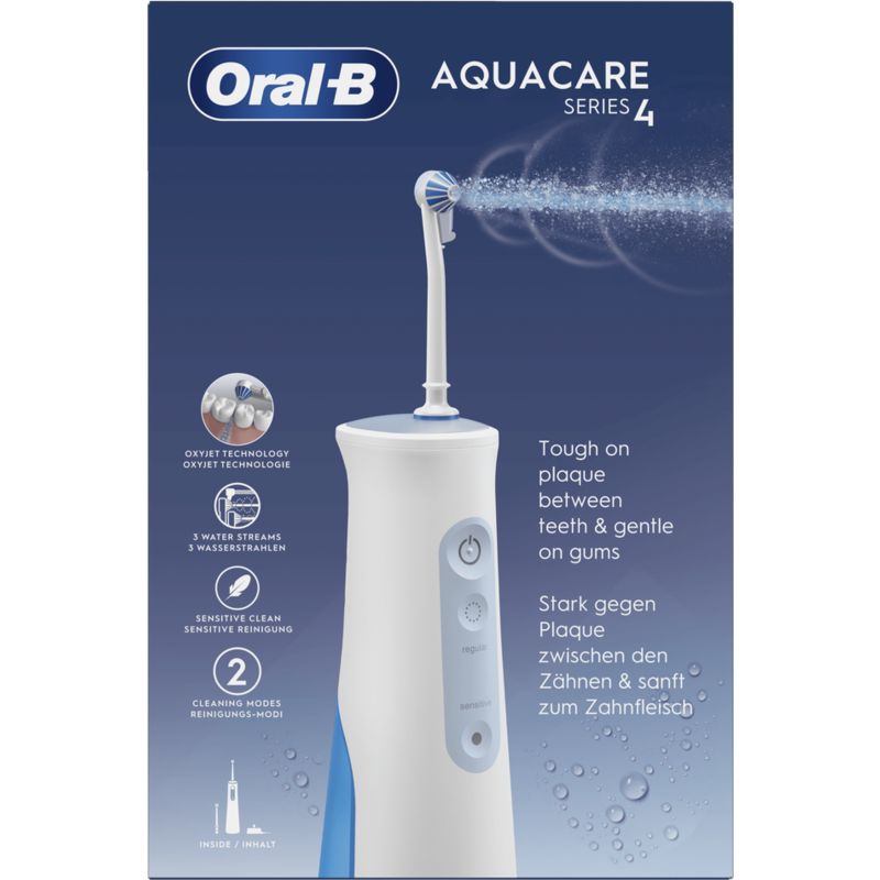 Irrigador dental Oral-B Aquacare Series 4. Dispositivo blanco y azul. La caja muestra chorros de agua y modos de limpieza.