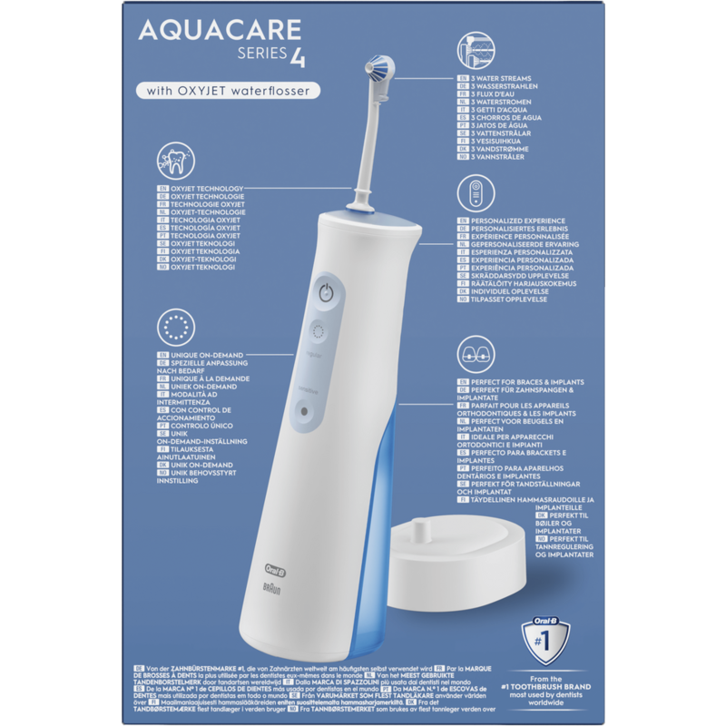Irrigador dental eléctrico blanco y azul. Texto y gráficos sobre las características del producto.