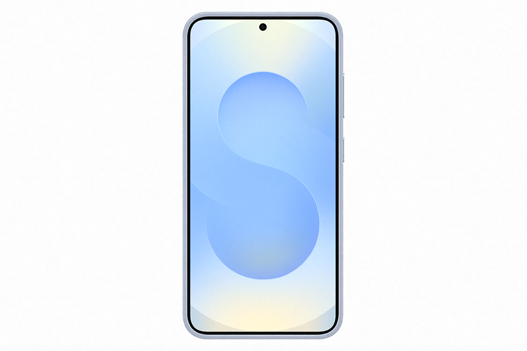Világoskék telefon kék „S“-t mutató képernyővel.
