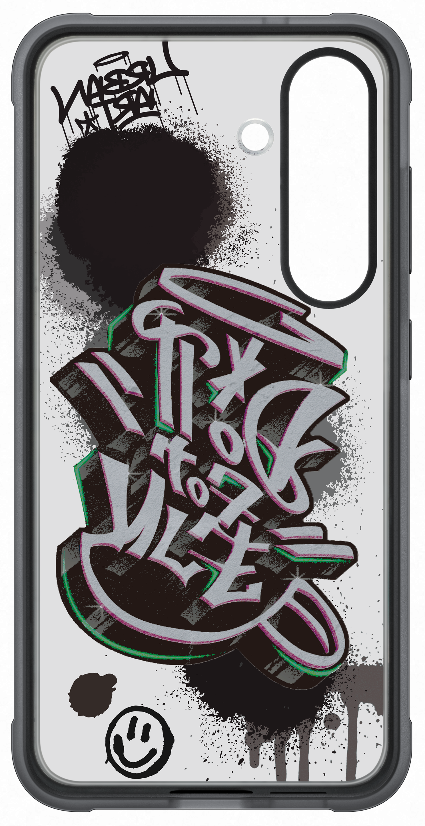 Graffiti művészetes telefontok, fekete-fehér szürke akcentussal, fehér háttéren.