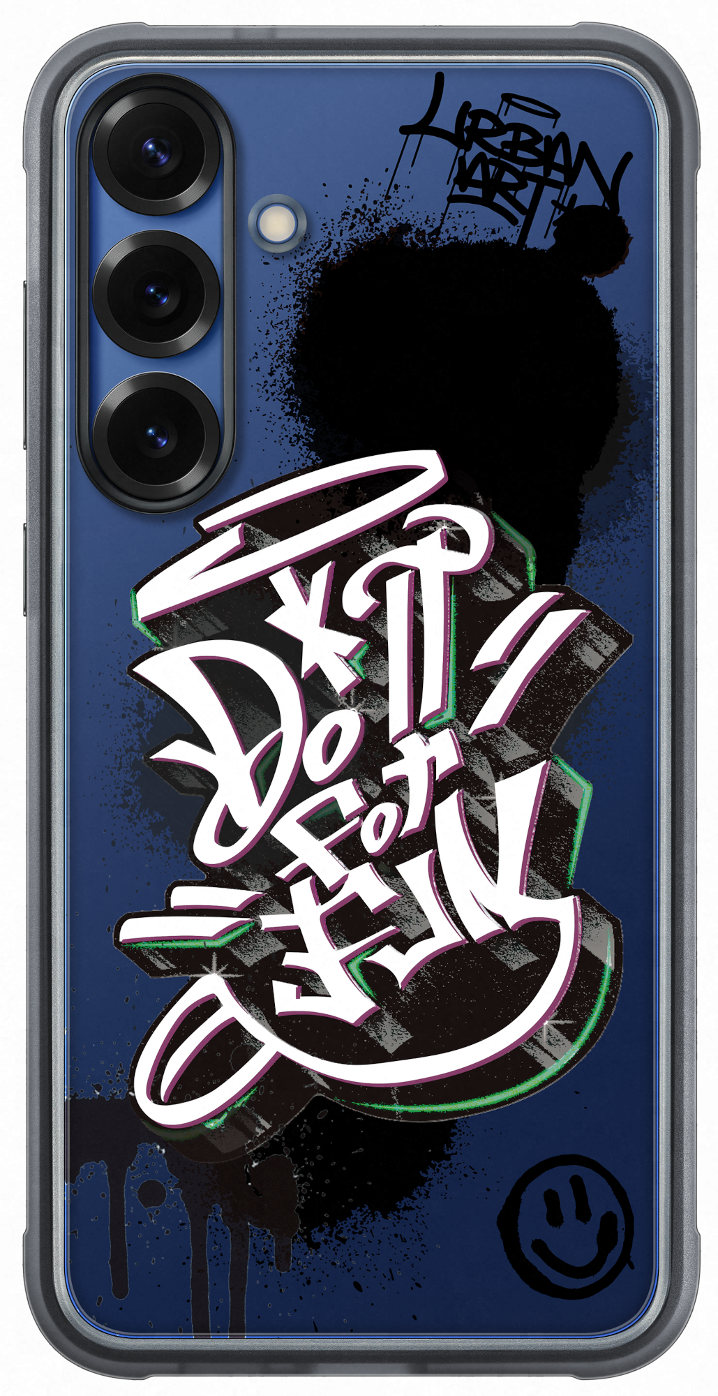 Telefontok graffitivel, kék háttéren, fekete smiley-val.