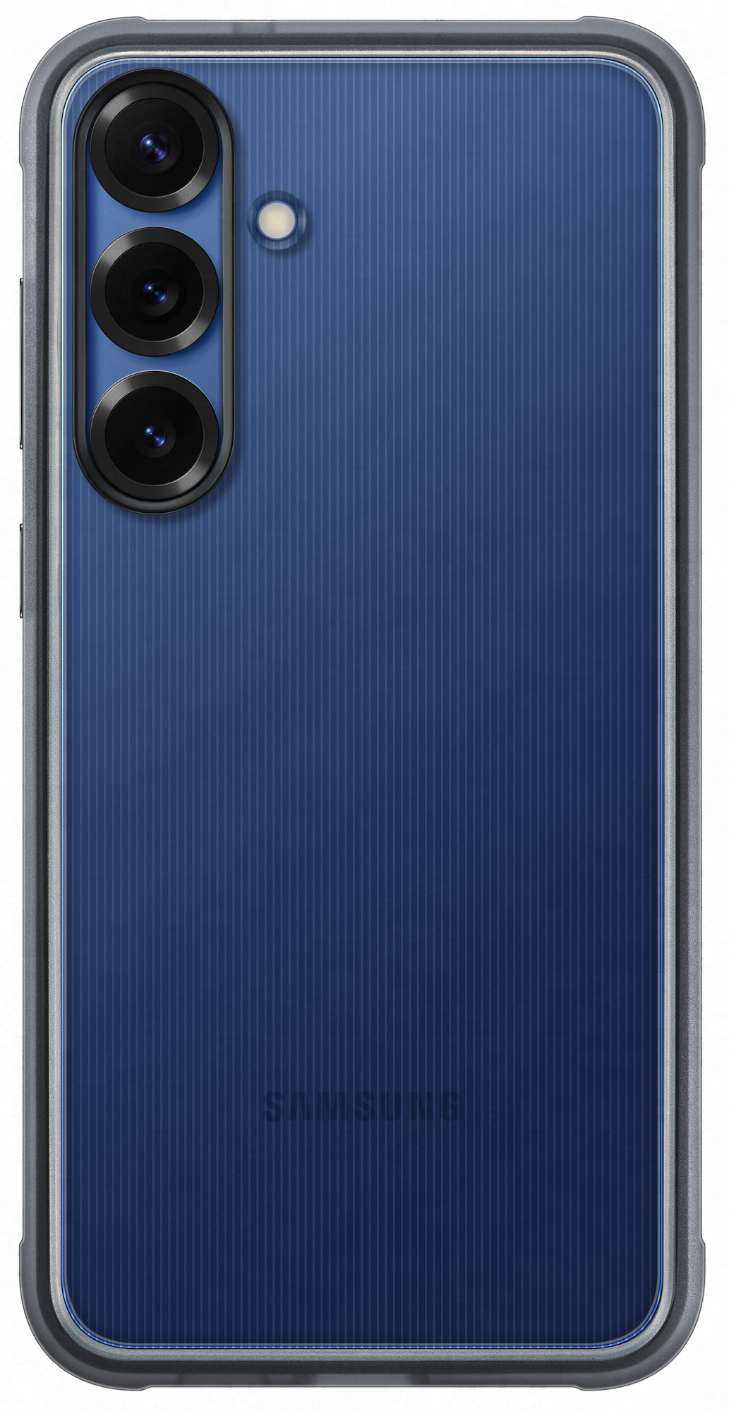 Kék telefontok dizájnnal. Három kamera látható. Fehér háttér.