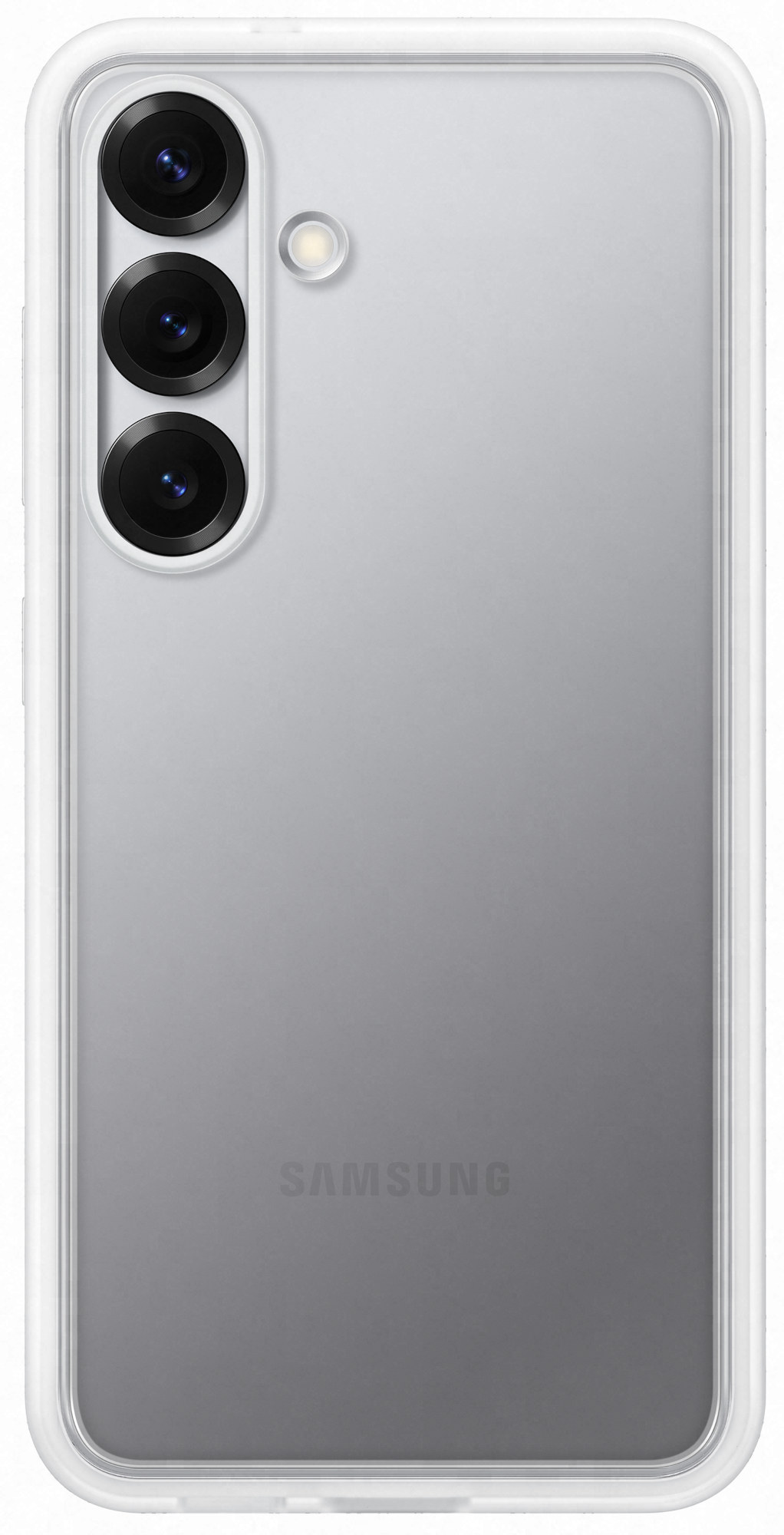 Átlátszó Samsung telefontok, hármas kamerával, fehér háttérrel.